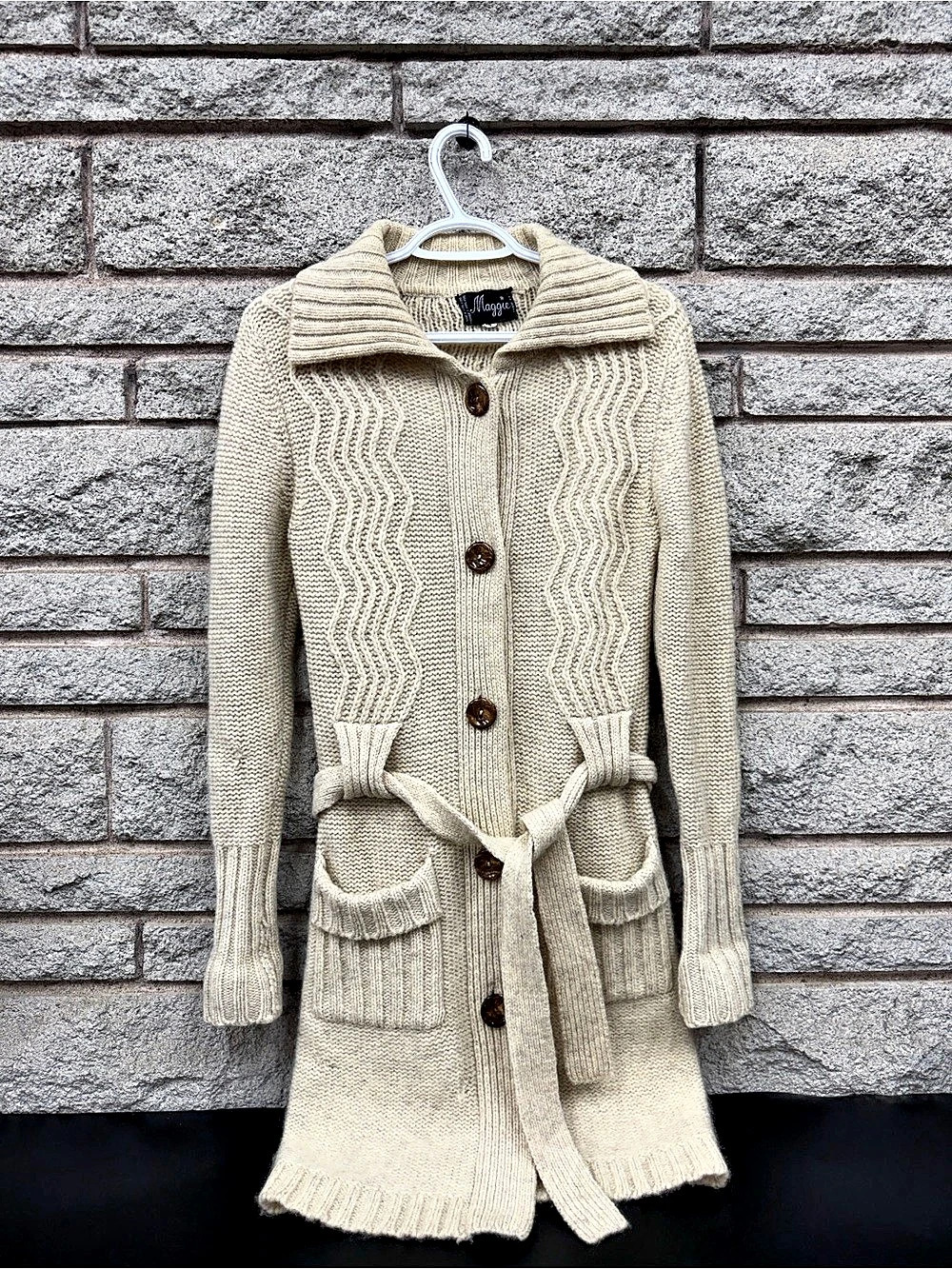 Vintage Maggie Cream Cable Knit Belted Long Cardigan Sweater Coat Size S